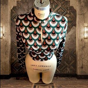 Retro Scallop-Print Long Sleeve Crop Top in Teal, Pink & Brown